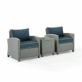 Claustro Bradenton Outdoor Wicker Armchair Set - Side Table & 2 Armchairs, Navy & Gray - 3 Piece CL3051579